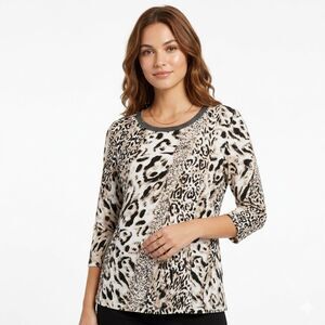 Chico’s Chic Beaded Neckline Leopard Print 3/4 Sleeve 100% Cotton Tunic Top XL